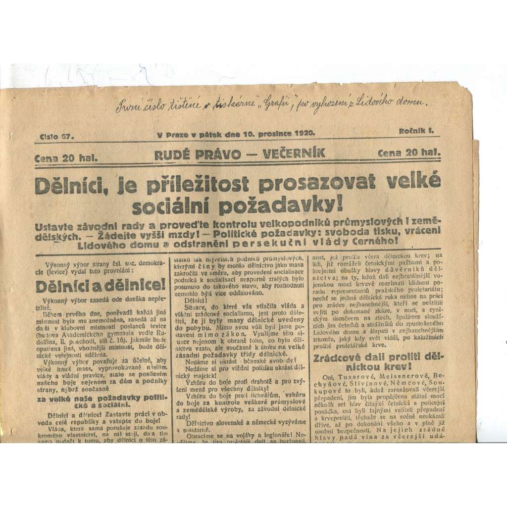 Rudé právo Večerník, ročník I., číslo 67/1920 - staré noviny - [komunisté, komunismus]