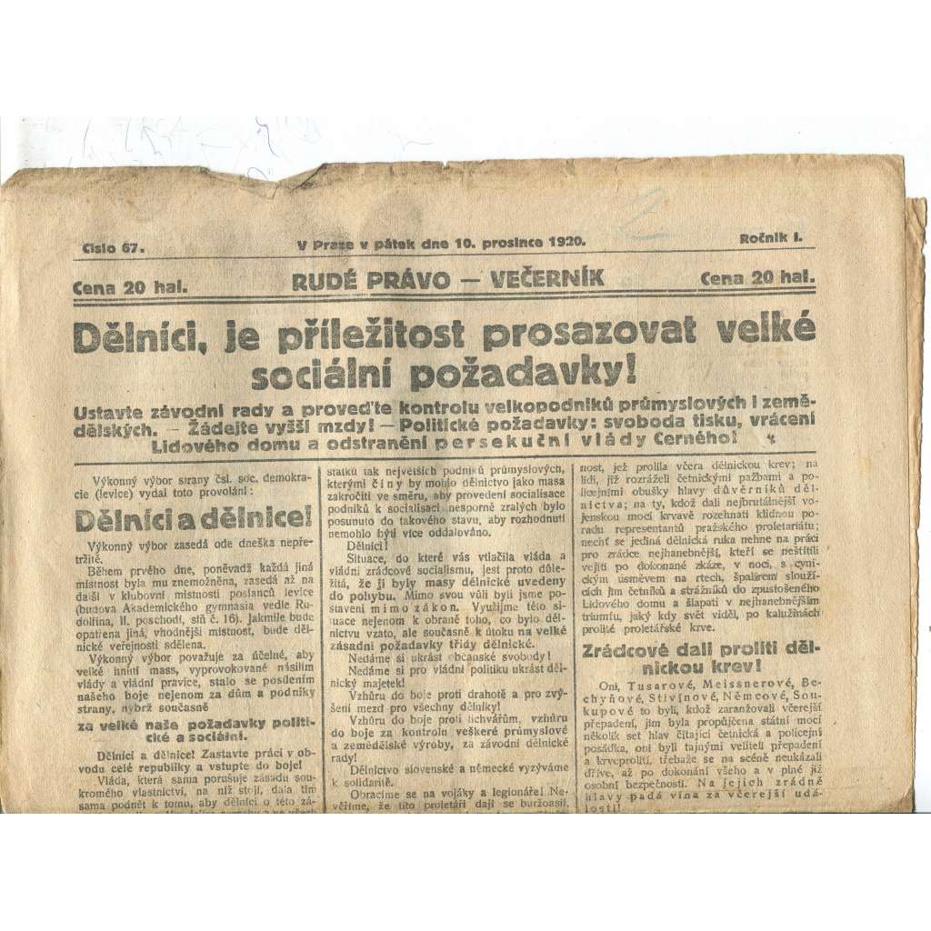 Rudé právo Večerník, ročník I., číslo 67/1920 - staré noviny - [komunisté, komunismus]