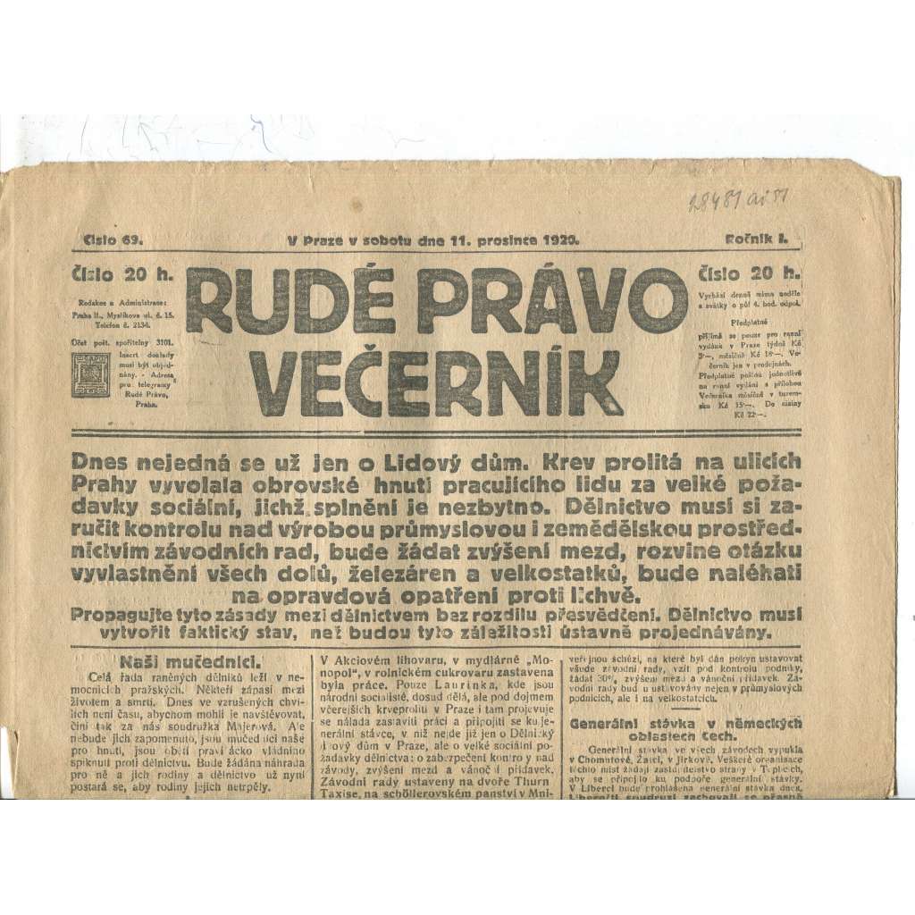 Rudé právo Večerník, ročník I., číslo 69/1920 - staré noviny - [komunisté, komunismus]