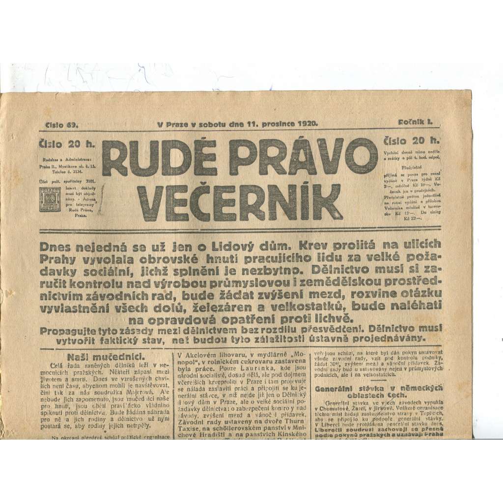 Rudé právo Večerník, ročník I., číslo 69/1920 - staré noviny - [komunisté, komunismus]
