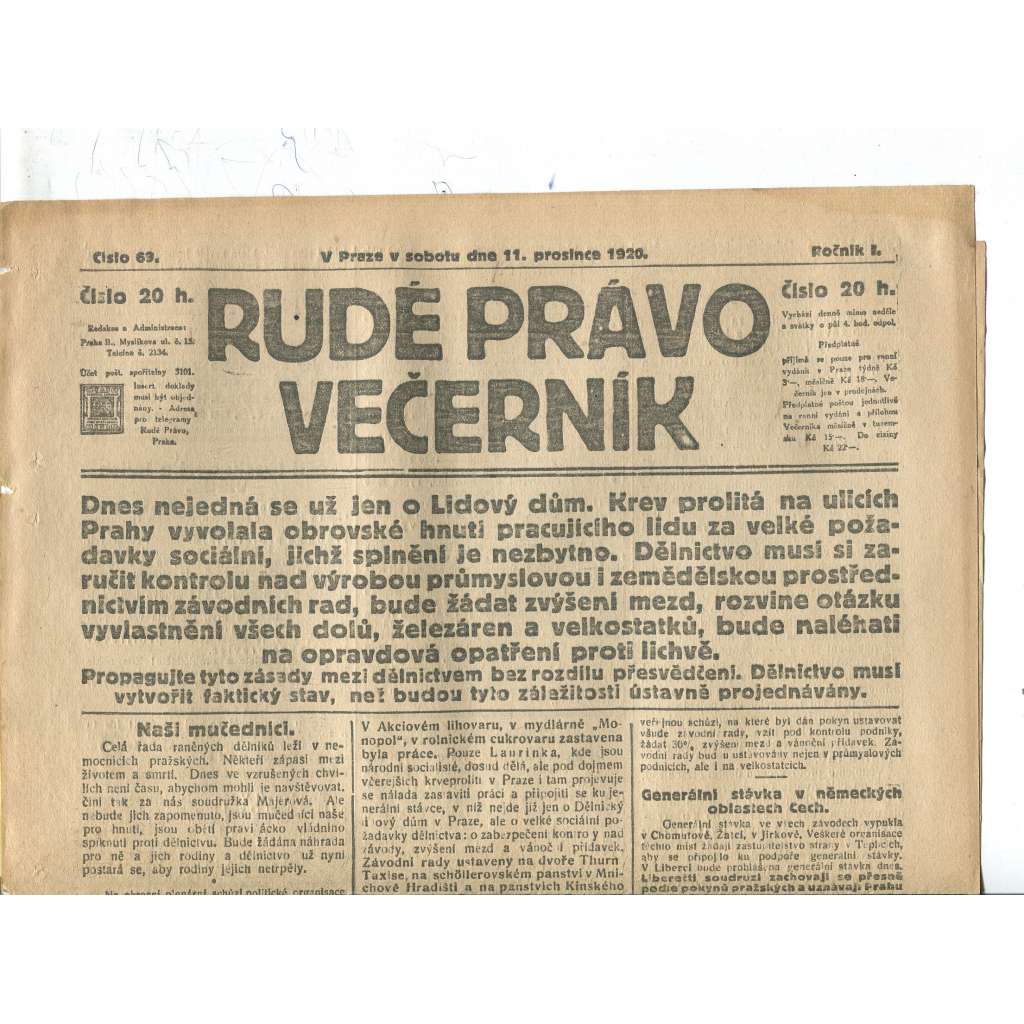 Rudé právo Večerník, ročník I., číslo 69/1920 - staré noviny - [komunisté, komunismus]