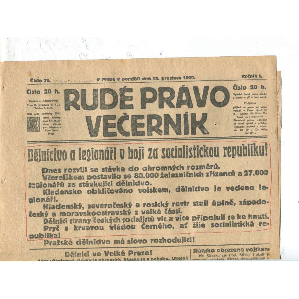 Rudé právo Večerník, ročník I., číslo 70/1920 - staré noviny - [komunisté, komunismus]