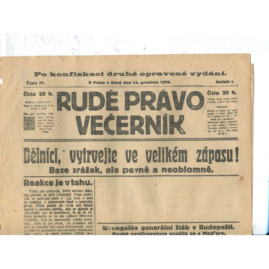 Rudé právo Večerník, ročník I., číslo 71/1920 - staré noviny - [komunisté, komunismus]