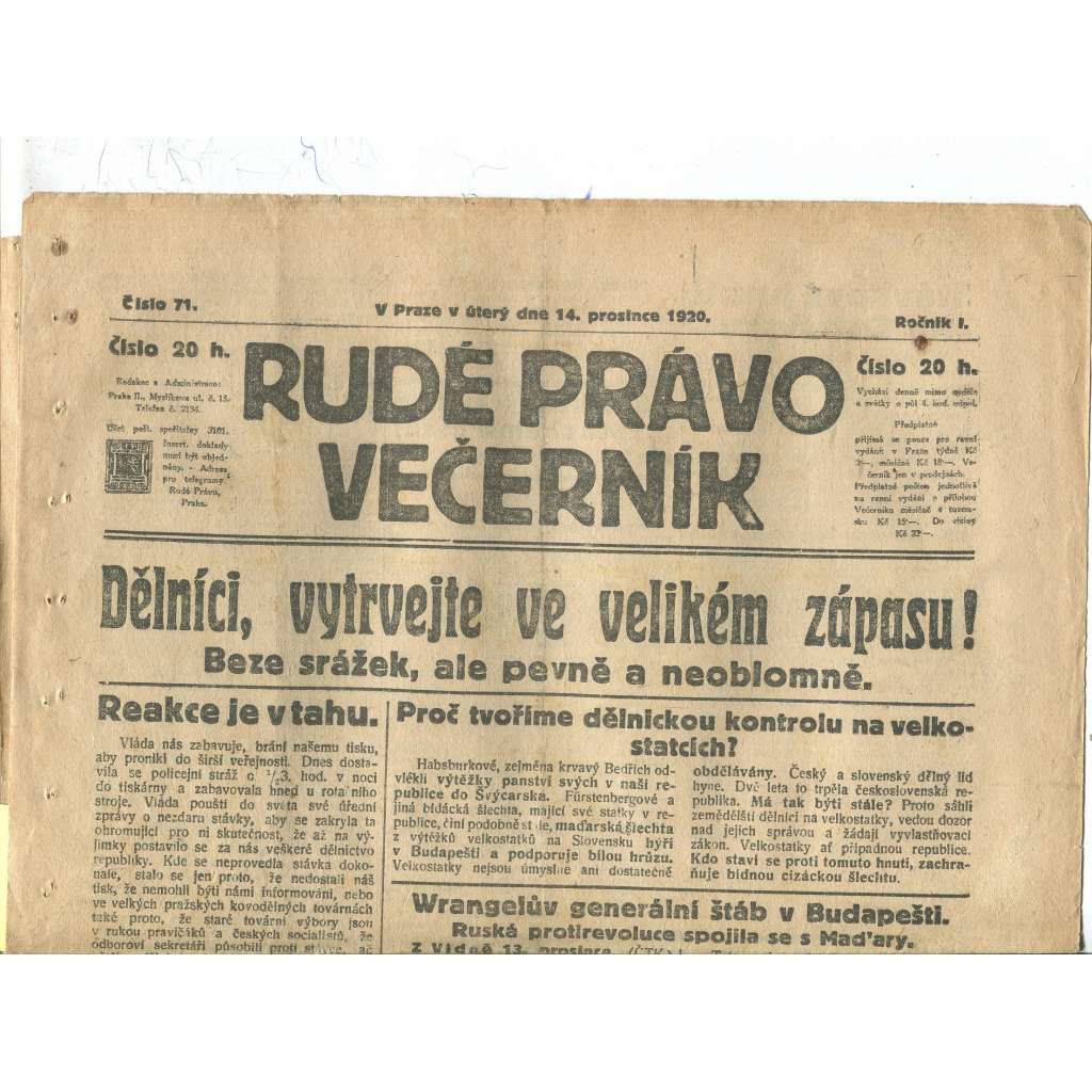 Rudé právo Večerník, ročník I., číslo 71/1920 - staré noviny - [komunisté, komunismus]