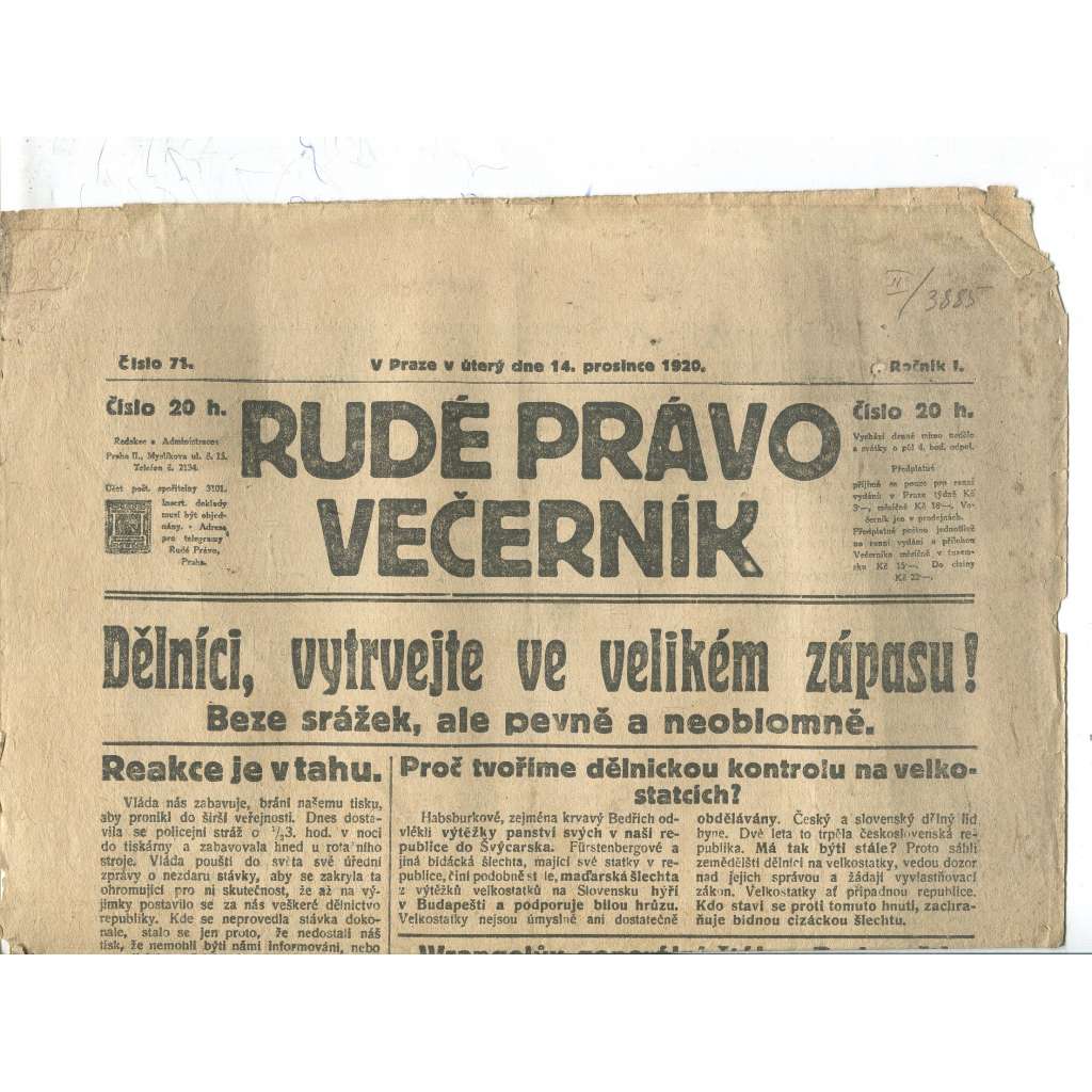 Rudé právo Večerník, ročník I., číslo 71/1920 - staré noviny - [komunisté, komunismus]