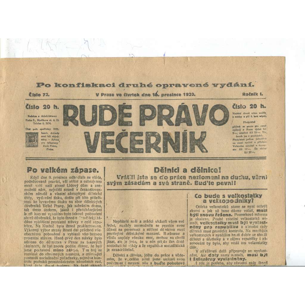 Rudé právo Večerník, ročník I., číslo 72/1920 - staré noviny - [komunisté, komunismus]