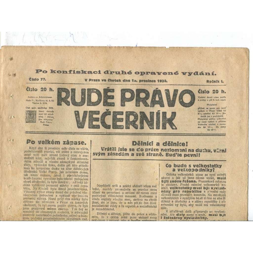 Rudé právo Večerník, ročník I., číslo 72/1920 - staré noviny - [komunisté, komunismus]