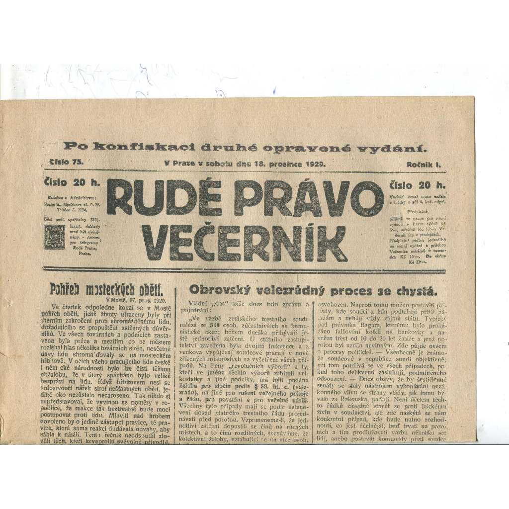 Rudé právo Večerník, ročník I., číslo 75/1920 - staré noviny - [komunisté, komunismus]