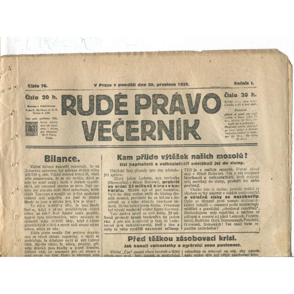 Rudé právo Večerník, ročník I., číslo 76/1920 - staré noviny - [komunisté, komunismus]