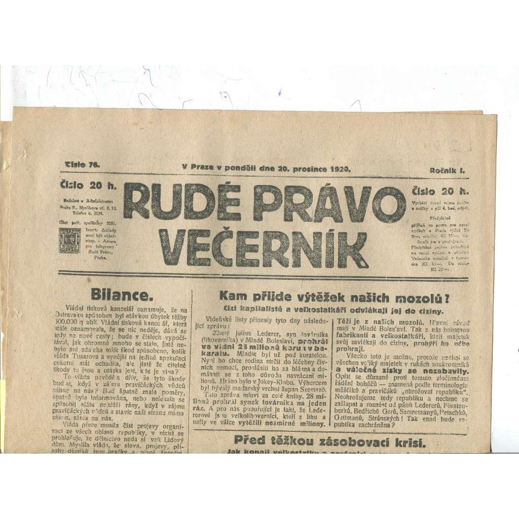 Rudé právo Večerník, ročník I., číslo 76/1920 - staré noviny - [komunisté, komunismus]