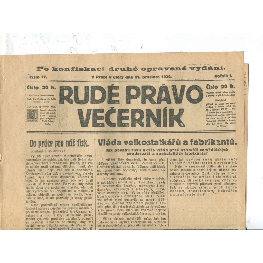 Rudé právo Večerník, ročník I., číslo 77/1920 - staré noviny - [komunisté, komunismus]