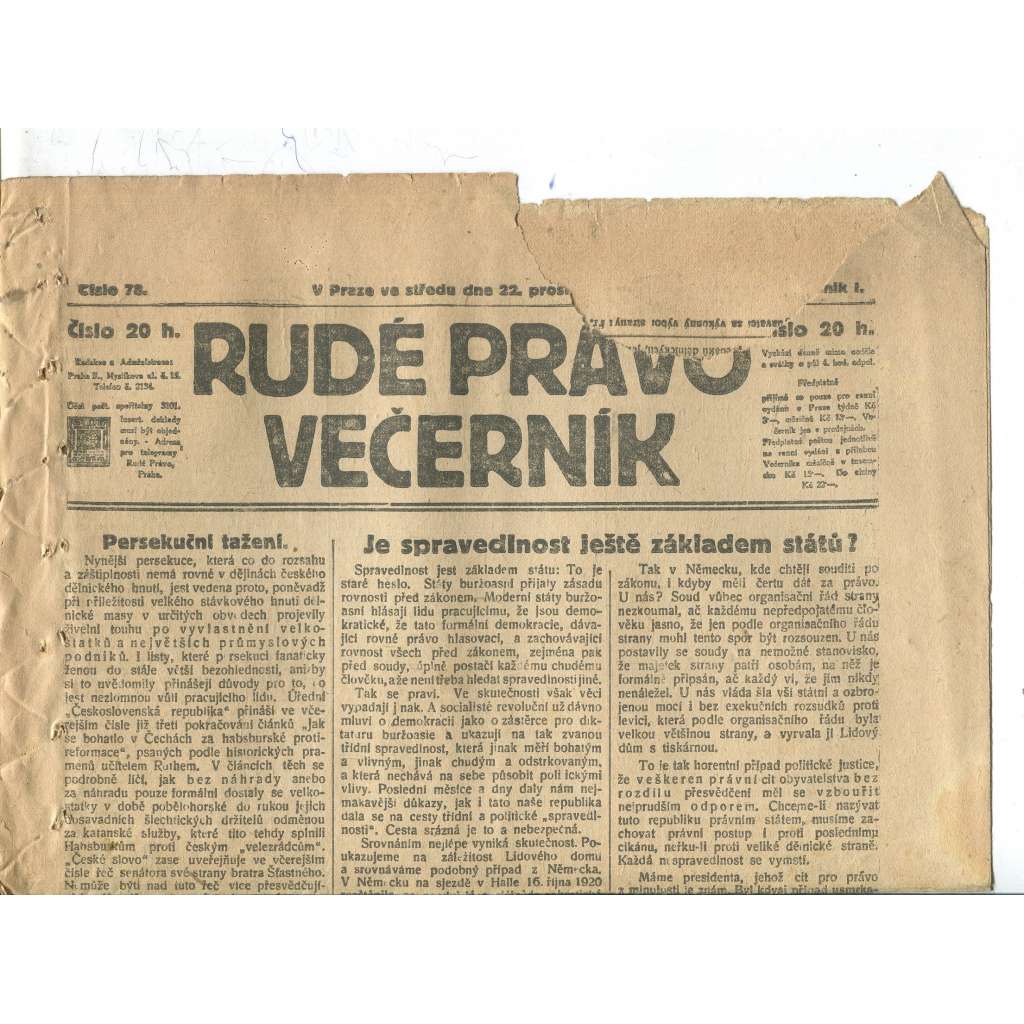 Rudé právo Večerník, ročník I., číslo 78/1920 - staré noviny - [komunisté, komunismus] - pošk.