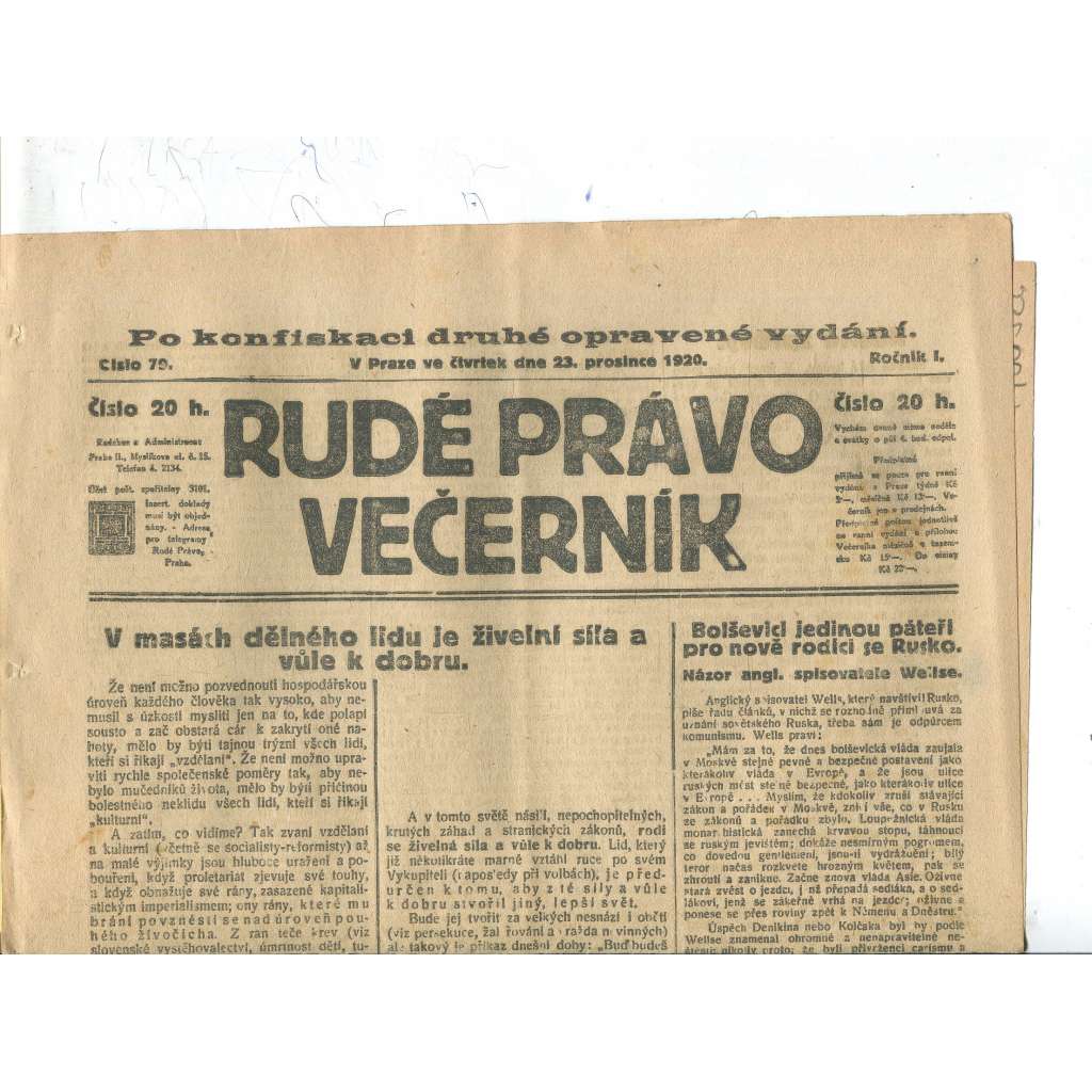 Rudé právo Večerník, ročník I., číslo 79/1920 - staré noviny - [komunisté, komunismus]