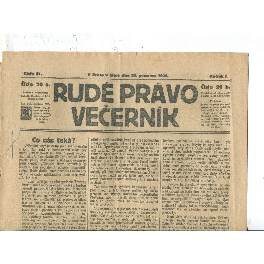 Rudé právo Večerník, ročník I., číslo 81/1920 - staré noviny - [komunisté, komunismus]