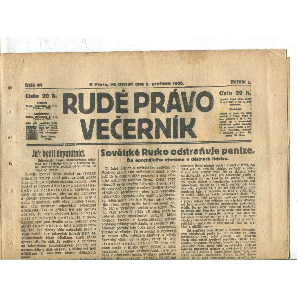 Rudé právo Večerník, ročník I., číslo 61/1920 - staré noviny - [komunisté, komunismus]