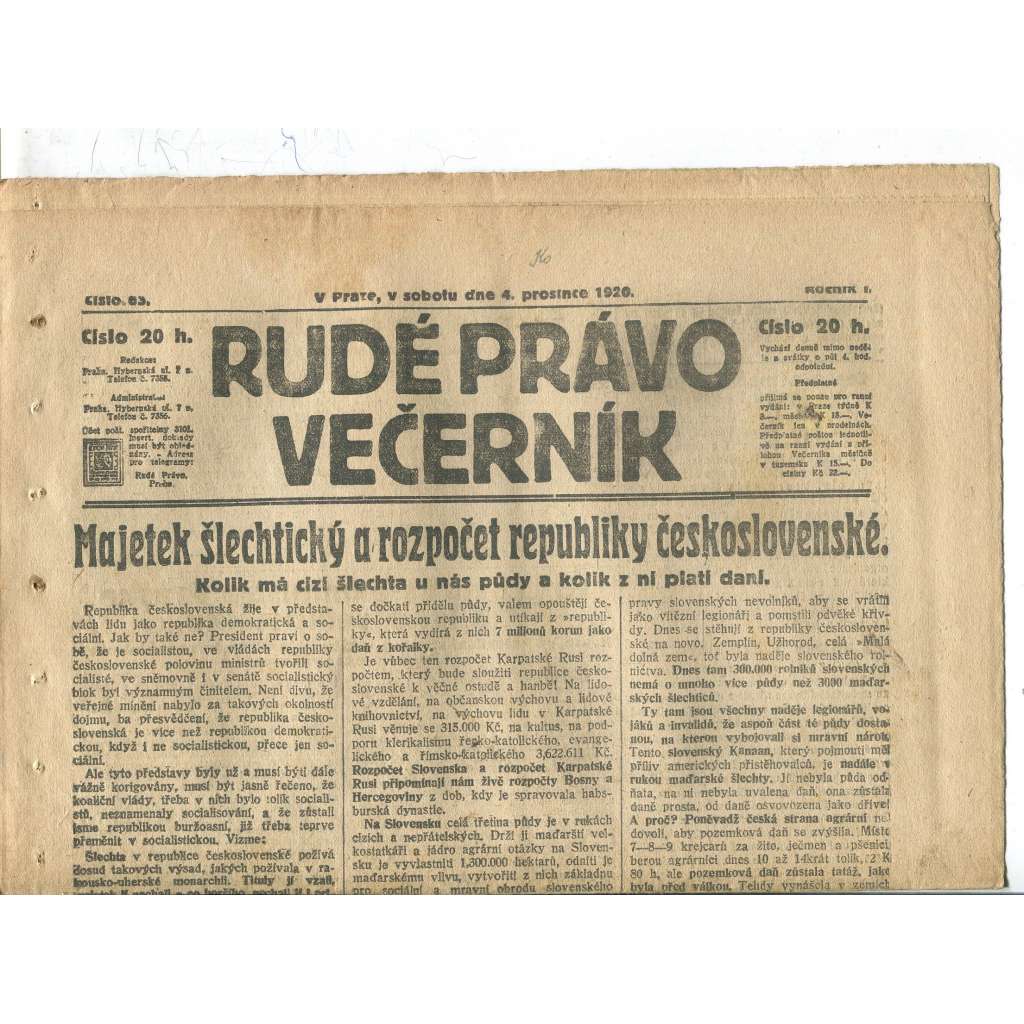 Rudé právo Večerník, ročník I., číslo 63/1920 - staré noviny - [komunisté, komunismus]