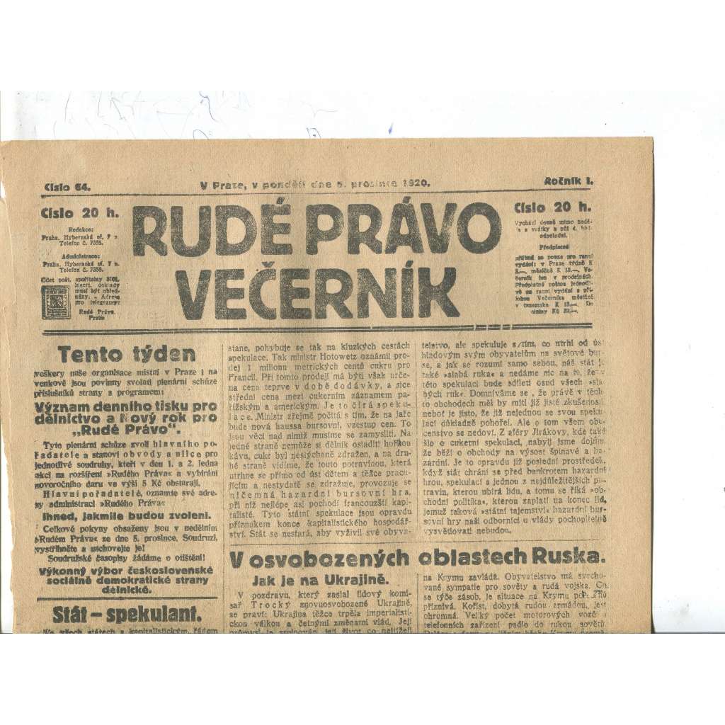 Rudé právo Večerník, ročník I., číslo 64/1920 - staré noviny - [komunisté, komunismus]