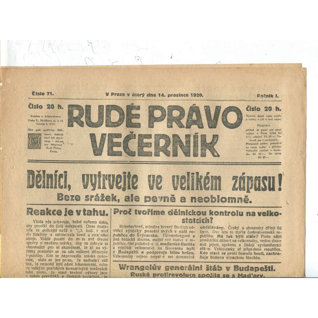 Rudé právo Večerník, ročník I., číslo 71/1920 - staré noviny - [komunisté, komunismus]
