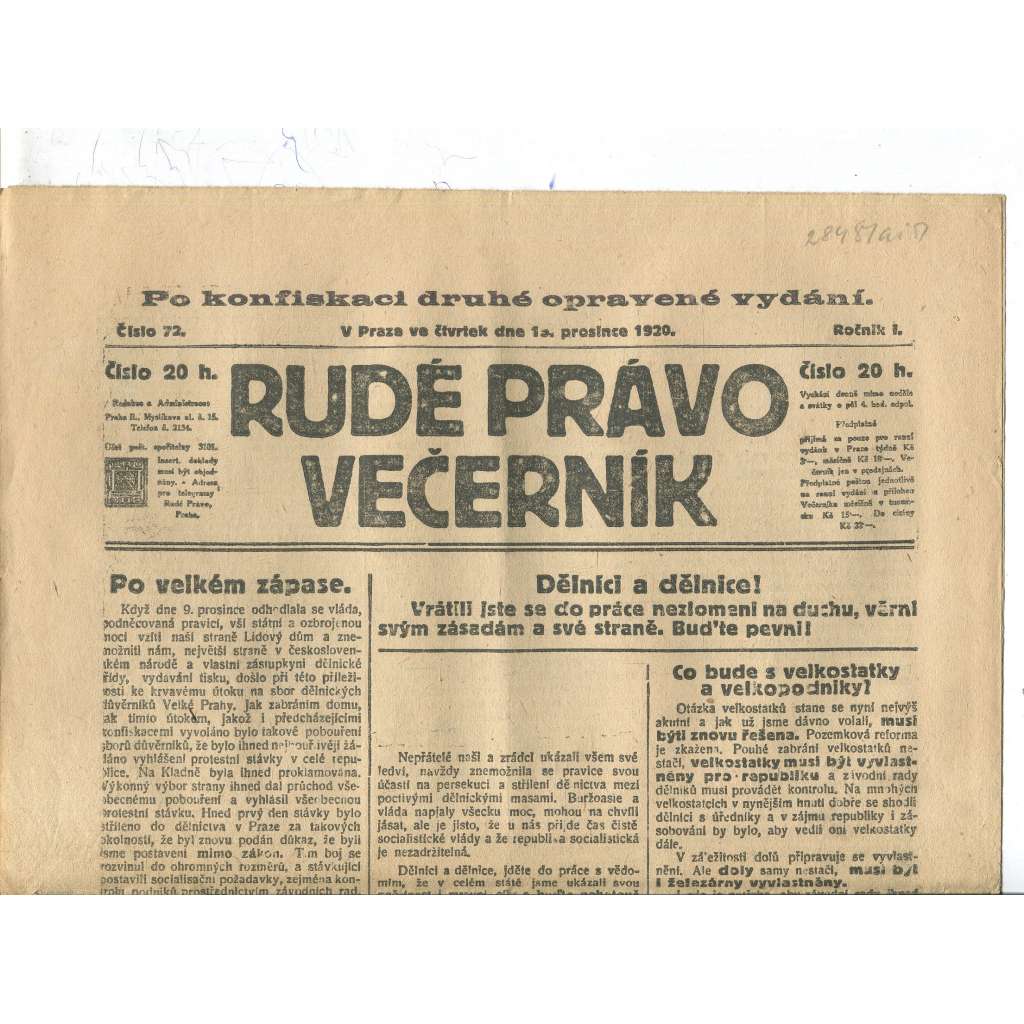 Rudé právo Večerník, ročník I., číslo 72/1920 - staré noviny - [komunisté, komunismus]