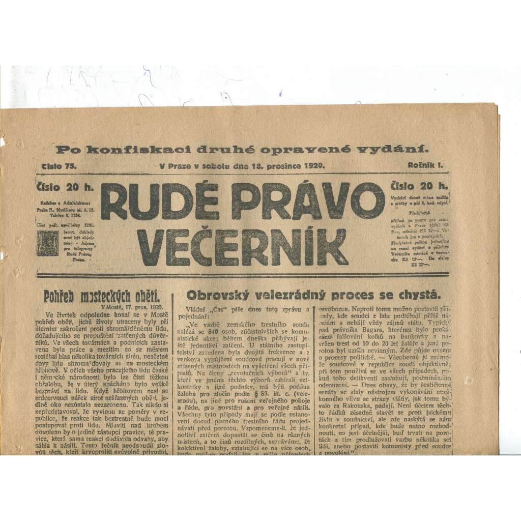 Rudé právo Večerník, ročník I., číslo 75/1920 - staré noviny - [komunisté, komunismus]