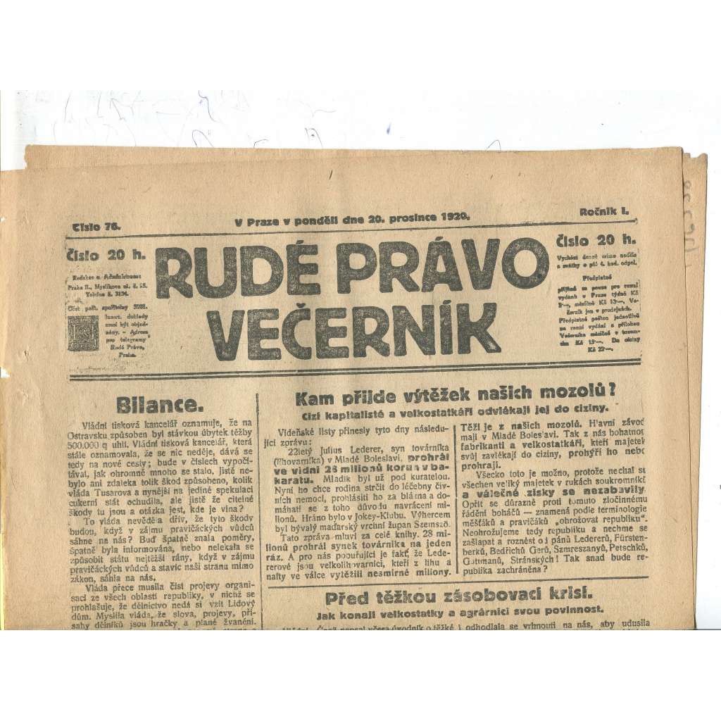 Rudé právo Večerník, ročník I., číslo 76/1920 - staré noviny - [komunisté, komunismus]