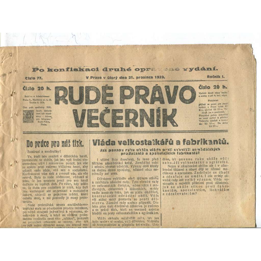 Rudé právo Večerník, ročník I., číslo 77/1920 - staré noviny - [komunisté, komunismus]