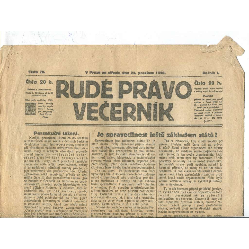 Rudé právo Večerník, ročník I., číslo 78/1920 - staré noviny - [komunisté, komunismus]