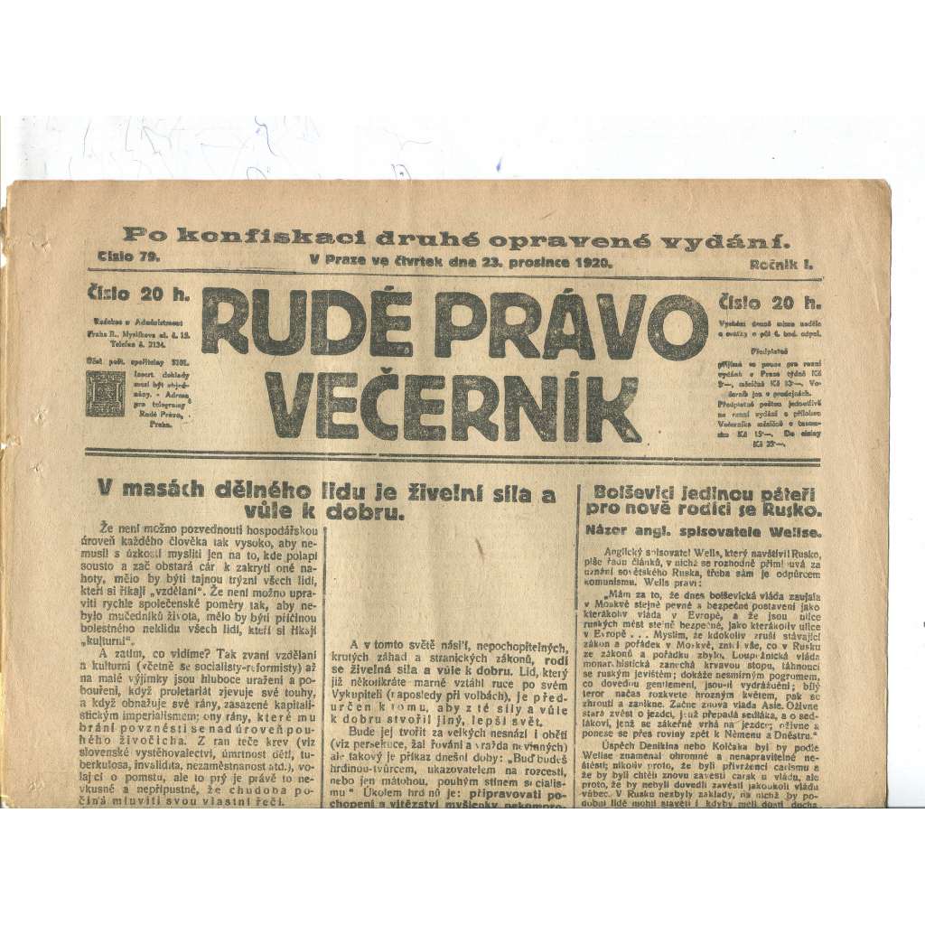 Rudé právo Večerník, ročník I., číslo 79/1920 - staré noviny - [komunisté, komunismus]