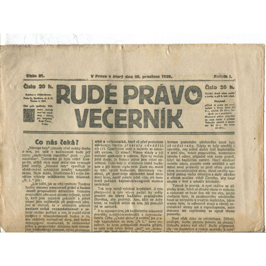 Rudé právo Večerník, ročník I., číslo 81/1920 - staré noviny - [komunisté, komunismus]