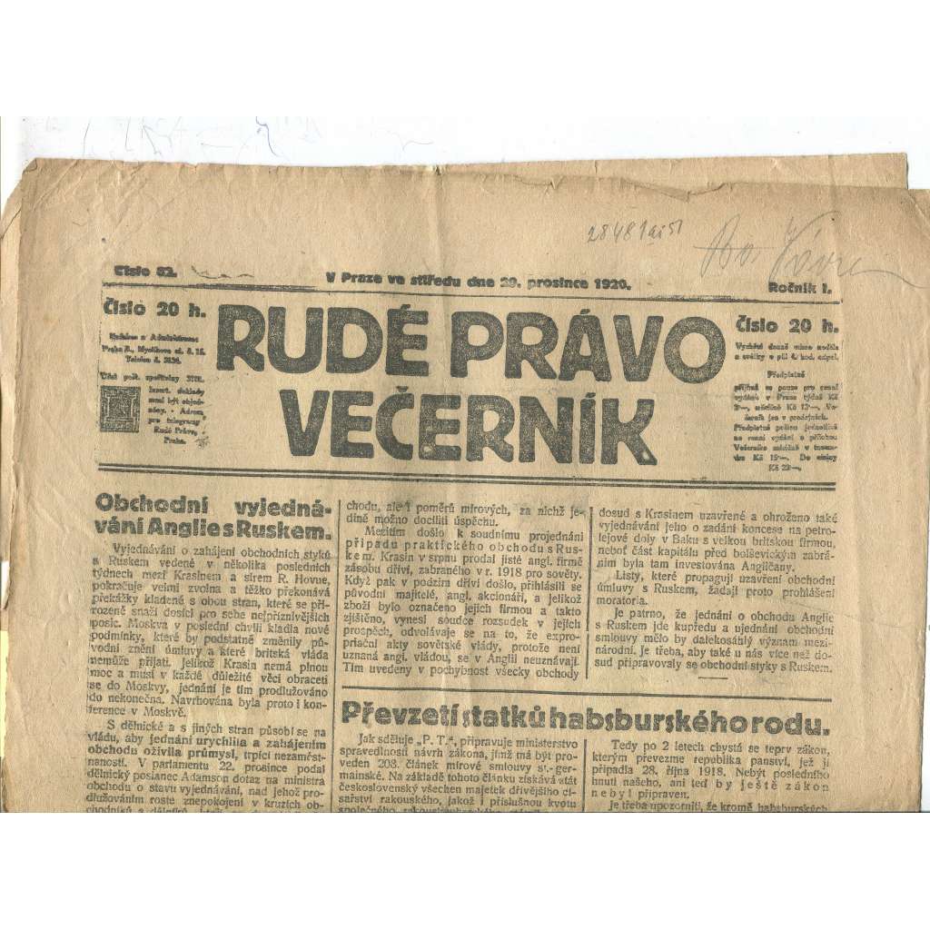 Rudé právo Večerník, ročník I., číslo 82/1920 - staré noviny - [komunisté, komunismus]