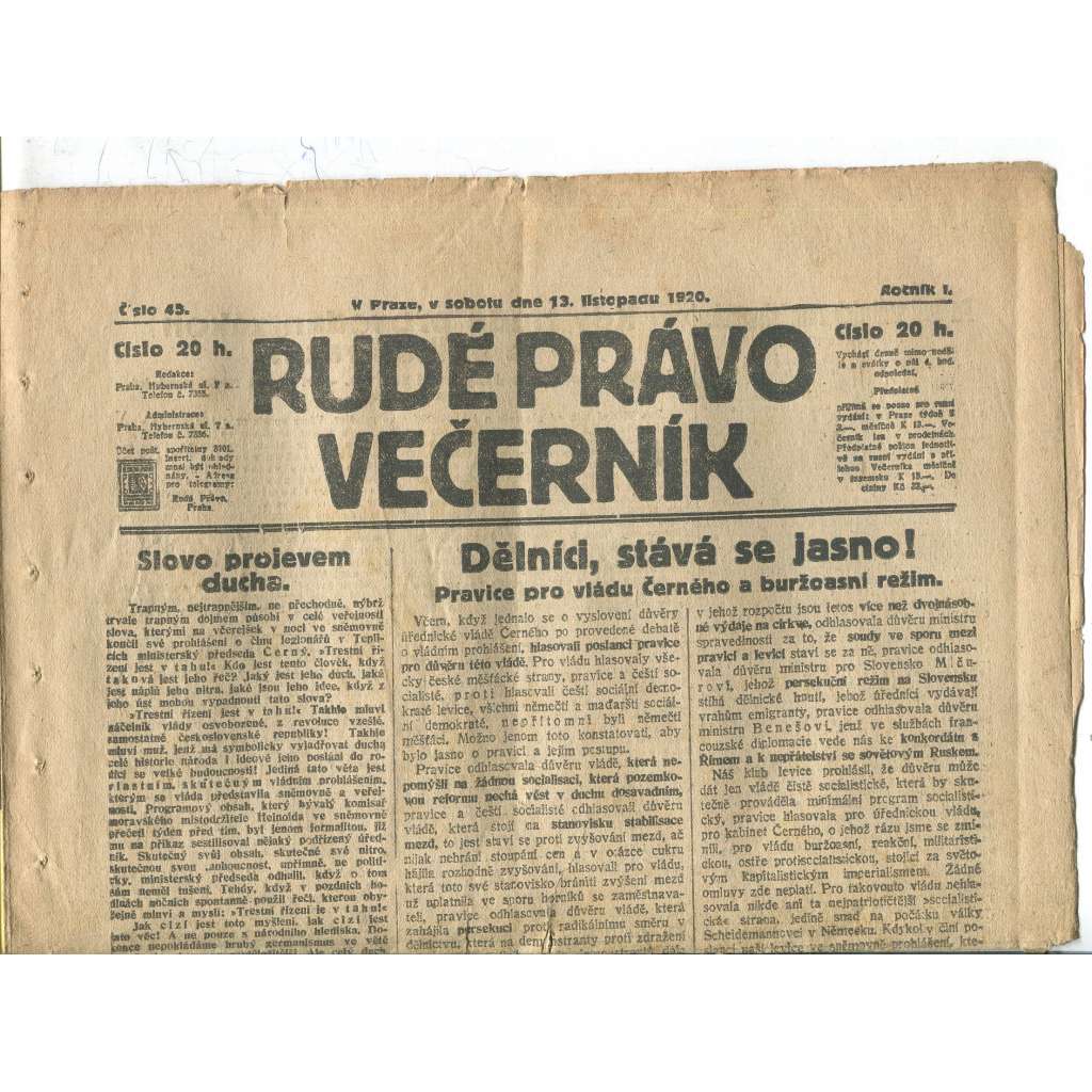 Rudé právo Večerník, ročník I., číslo 45/1920 - staré noviny - [komunisté, komunismus]