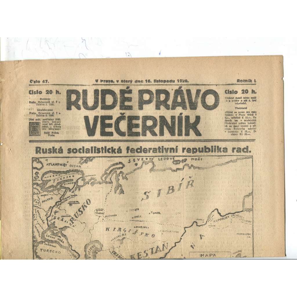 Rudé právo Večerník, ročník I., číslo 47/1920 - staré noviny - [komunisté, komunismus]