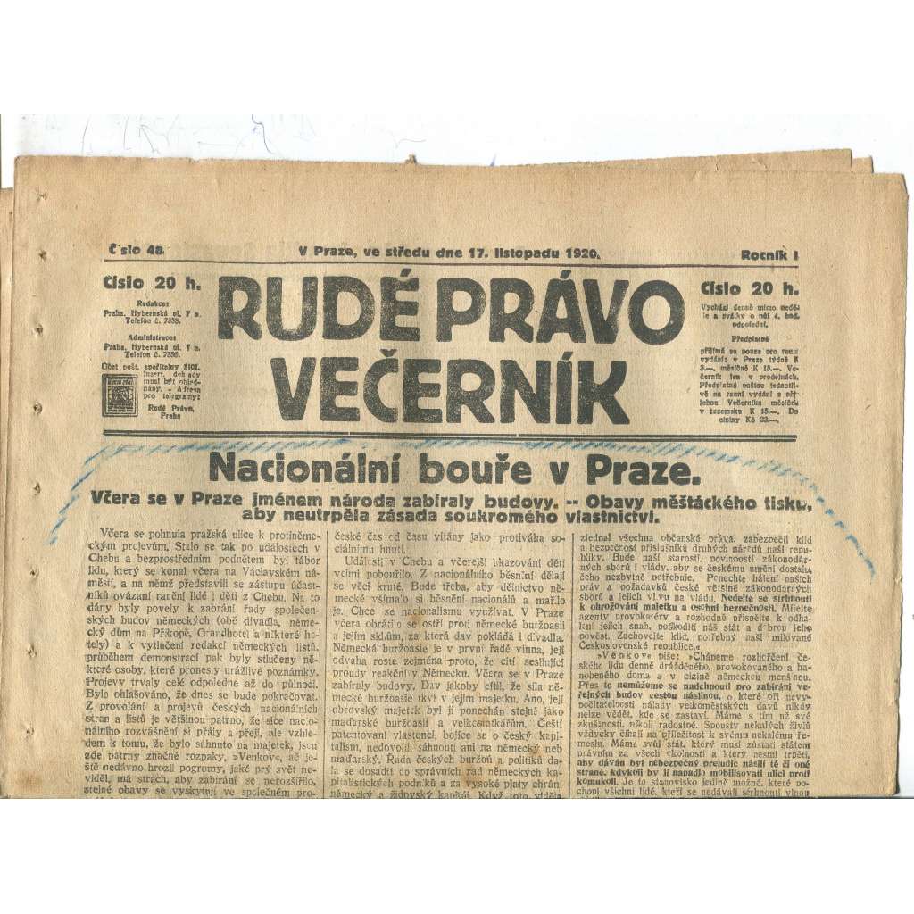 Rudé právo Večerník, ročník I., číslo 48/1920 - staré noviny - [komunisté, komunismus]