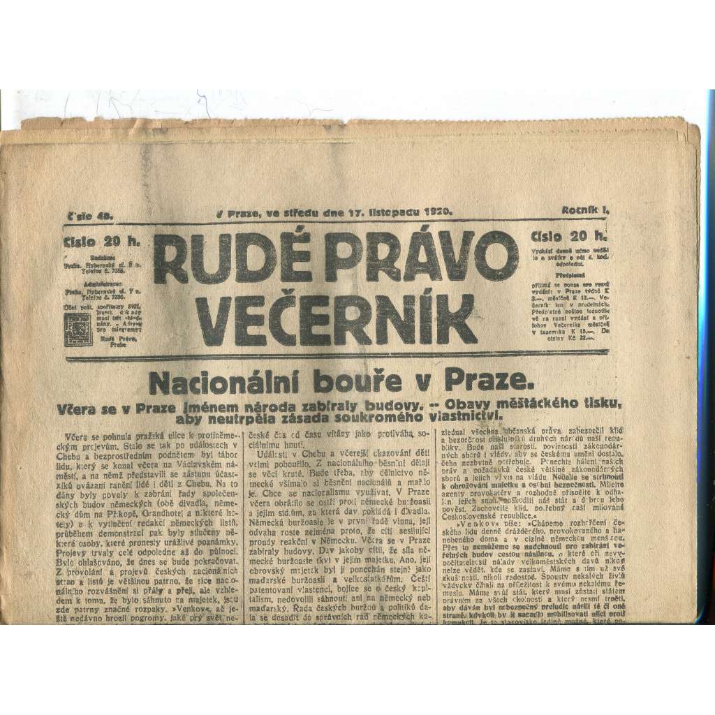 Rudé právo Večerník, ročník I., číslo 48/1920 - staré noviny - [komunisté, komunismus]