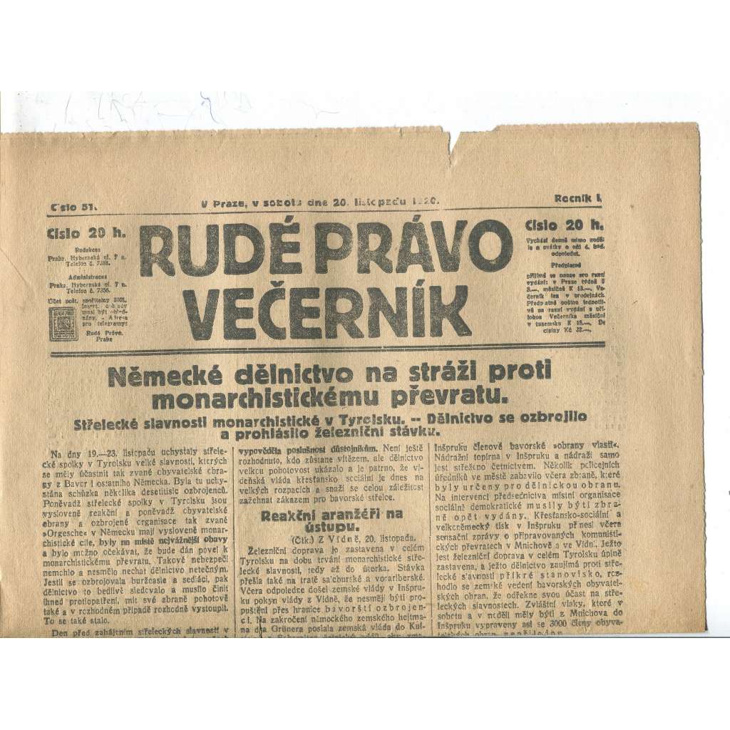 Rudé právo Večerník, ročník I., číslo 51/1920 - staré noviny - [komunisté, komunismus]