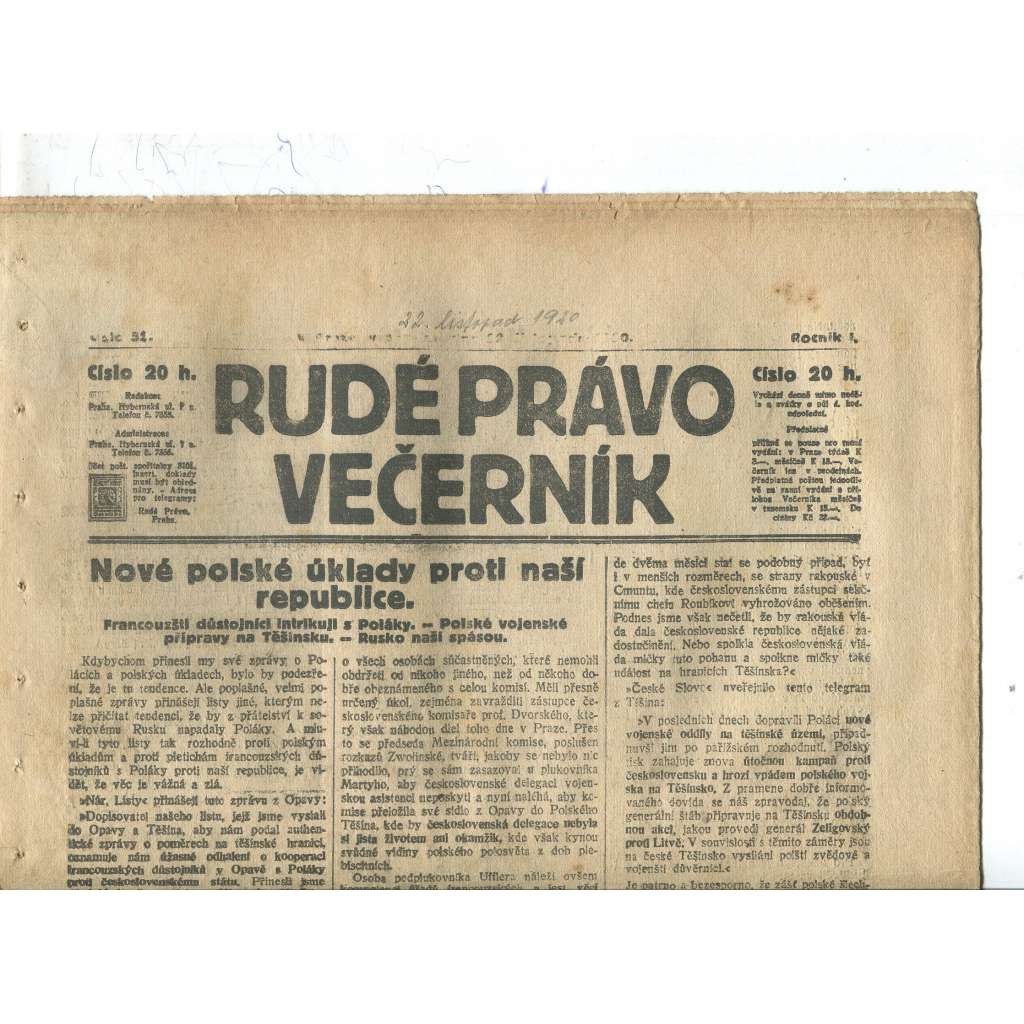 Rudé právo Večerník, ročník I., číslo 52/1920 - staré noviny - [komunisté, komunismus]