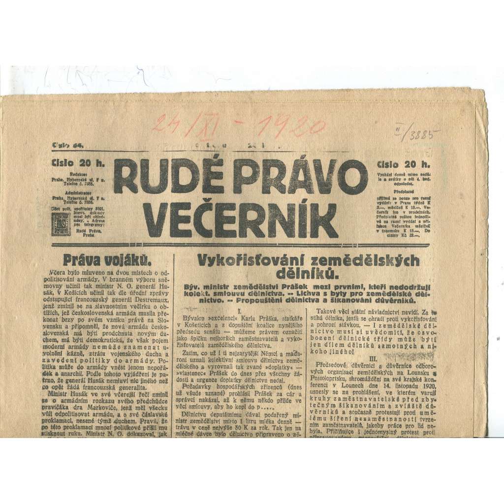 Rudé právo Večerník, ročník I., číslo 54/1920 - staré noviny - [komunisté, komunismus]