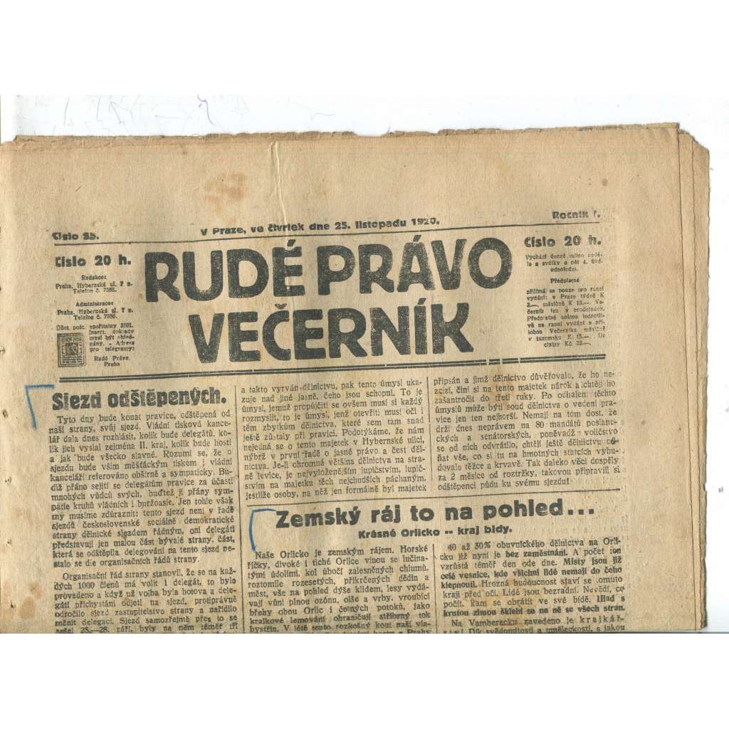 Rudé právo Večerník, ročník I., číslo 55/1920 - staré noviny - [komunisté, komunismus]