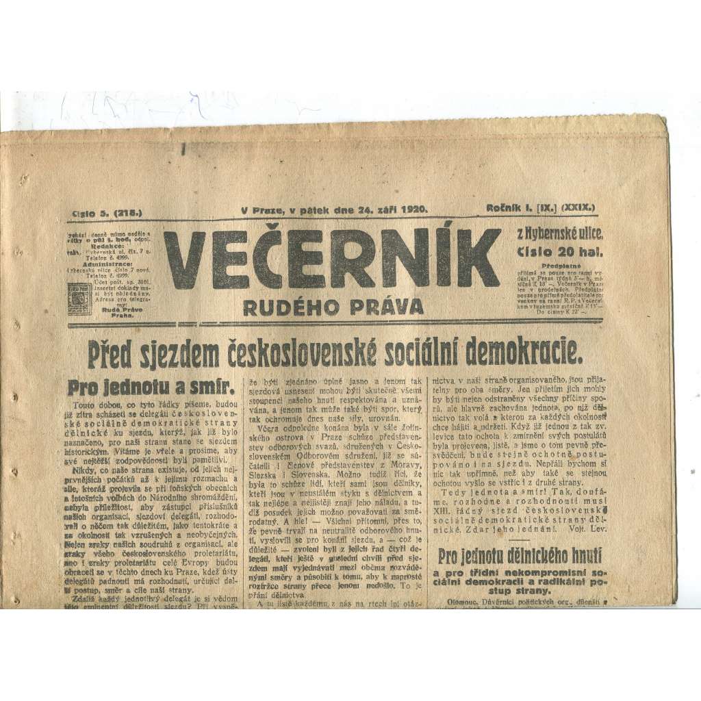 Rudé právo Večerník, ročník I., číslo 5/1920 - staré noviny - [komunisté, komunismus]