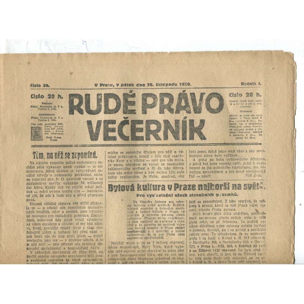 Rudé právo Večerník, ročník I., číslo 56/1920 - staré noviny - [komunisté, komunismus]