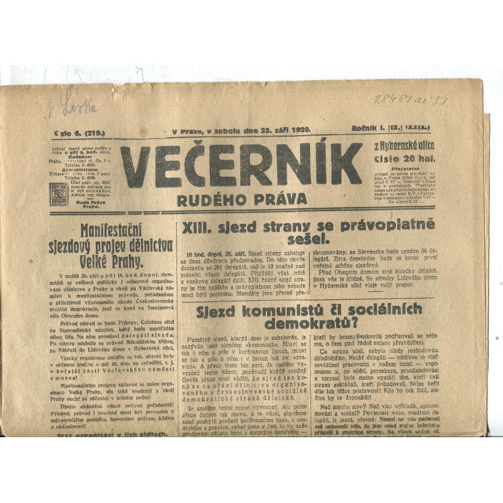 Rudé právo Večerník, ročník I., číslo 6/1920 - staré noviny - [komunisté, komunismus]