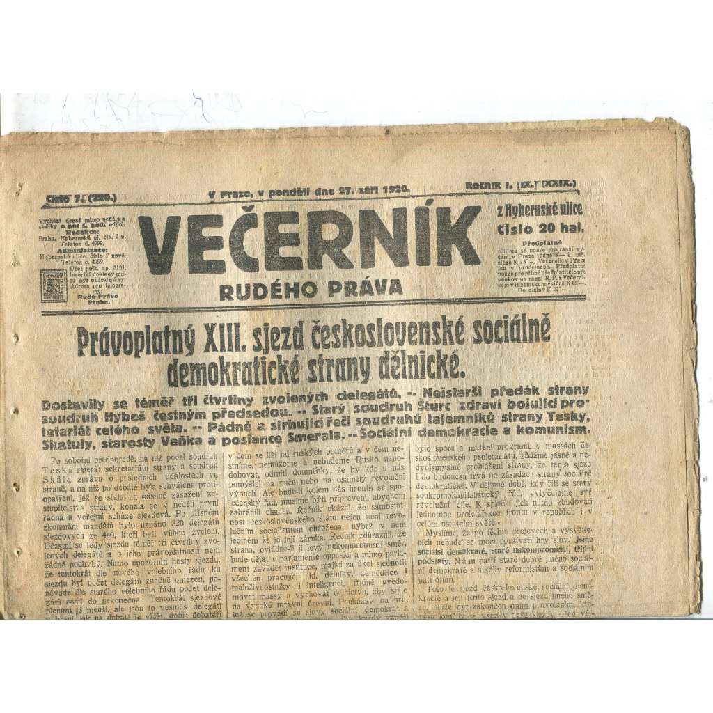 Rudé právo Večerník, ročník I., číslo 7/1920 - staré noviny - [komunisté, komunismus]