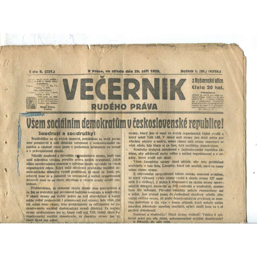 Rudé právo Večerník, ročník I., číslo 8/1920 - staré noviny - [komunisté, komunismus]