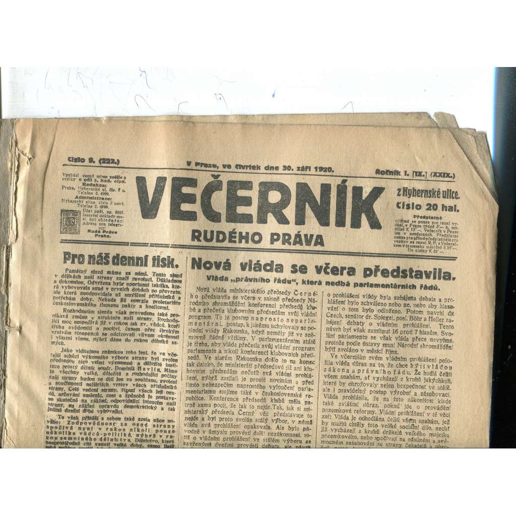 Rudé právo Večerník, ročník I., číslo 9/1920 - staré noviny - [komunisté, komunismus]
