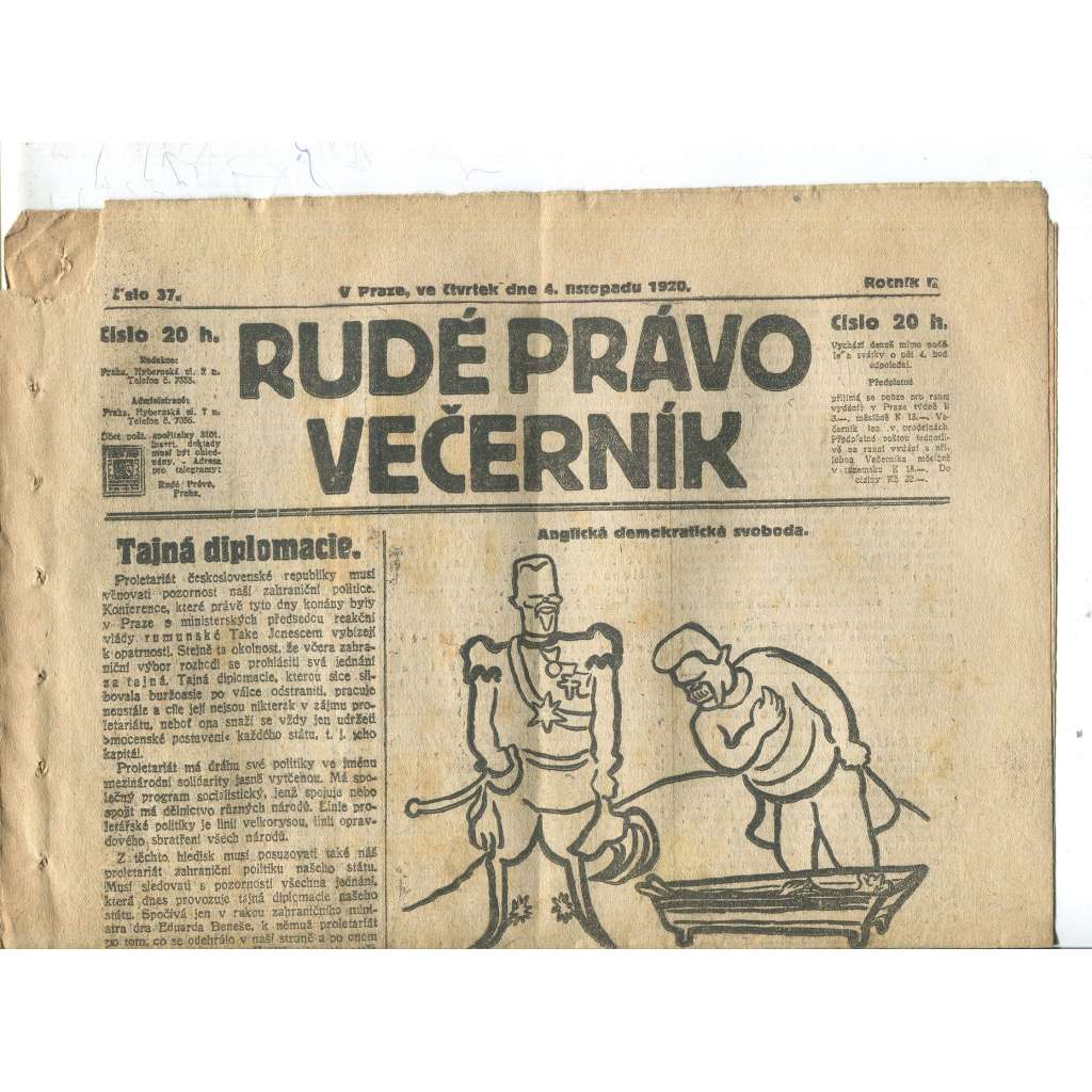 Rudé právo Večerník, ročník I., číslo 37/1920 - staré noviny - [komunisté, komunismus]