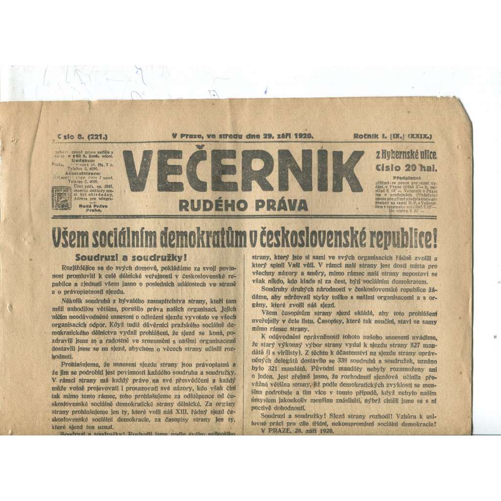 Rudé právo Večerník, ročník I., číslo 8/1920 - staré noviny - [komunisté, komunismus]