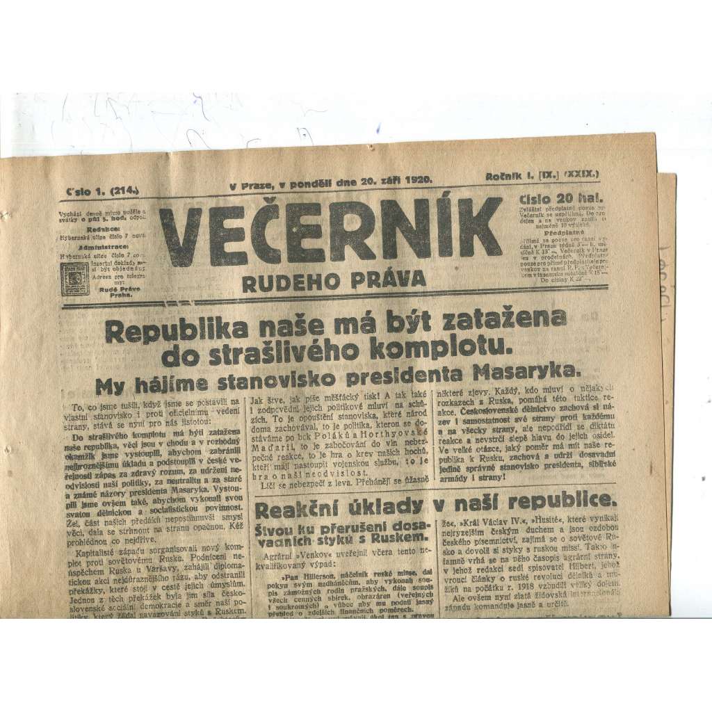 Rudé právo Večerník, ročník I., číslo 1/1920 - staré noviny - [komunisté, komunismus]