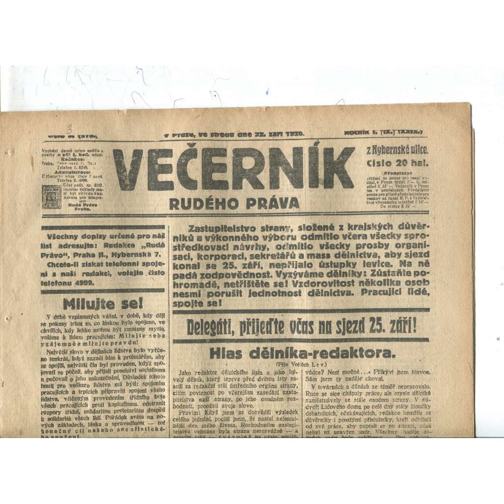 Rudé právo Večerník, ročník I., číslo 3/1920 - staré noviny - [komunisté, komunismus]