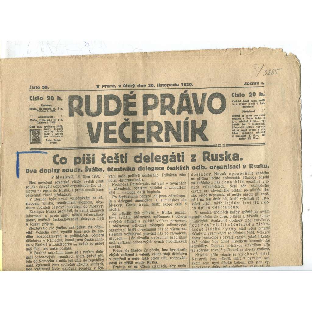 Rudé právo Večerník, ročník I., číslo 59/1920 - staré noviny - [komunisté, komunismus]