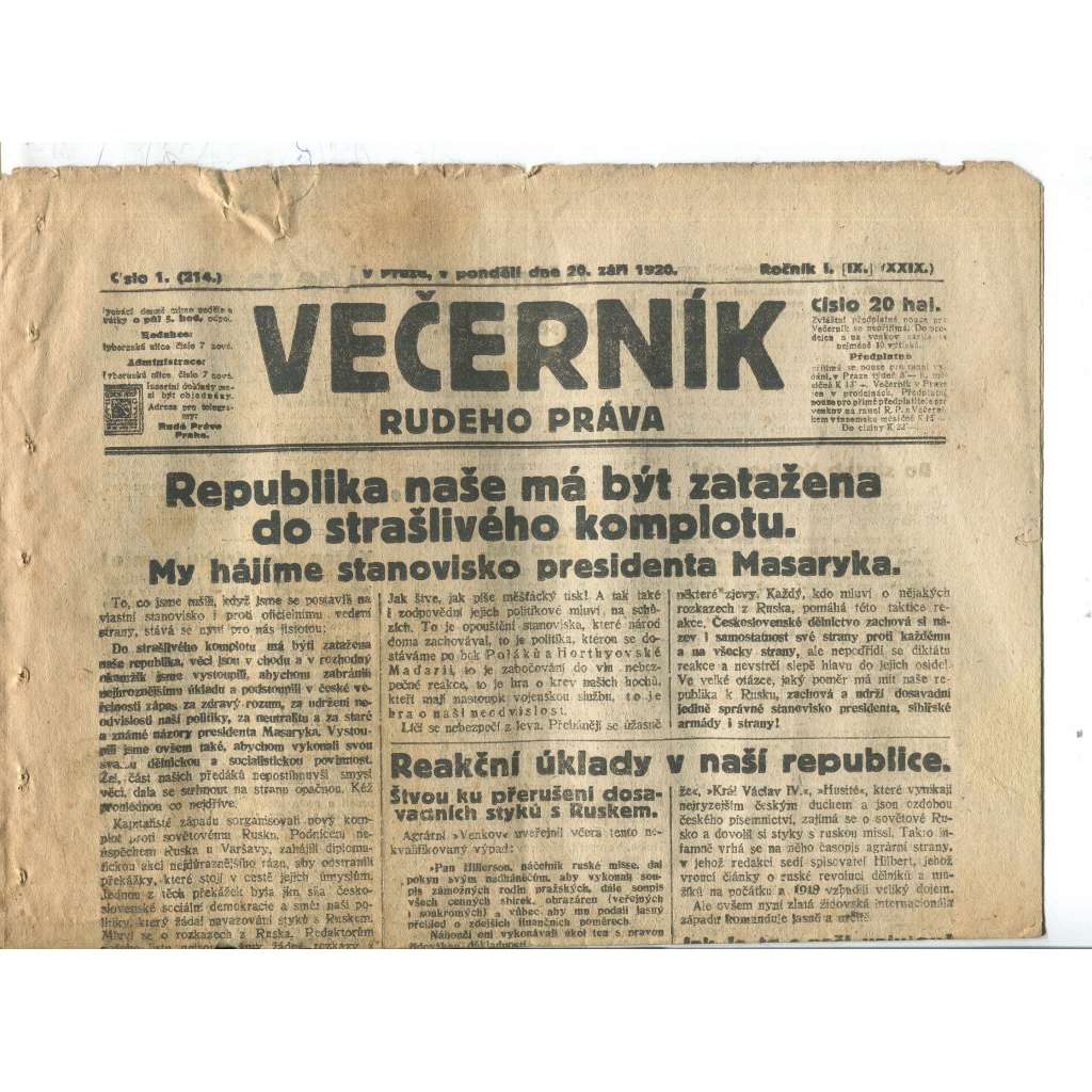 Rudé právo Večerník, ročník I., číslo 1/1920 - staré noviny - [komunisté, komunismus]